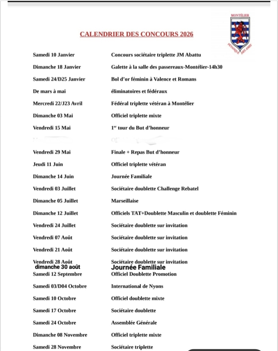 CALENDRIER CONCOURS CLUB